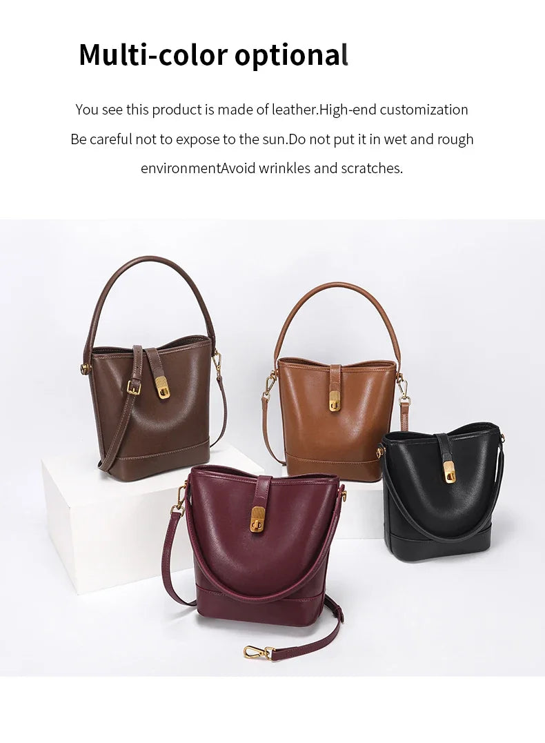 Genuine Leather Bucket Bag – Soft Cow Leather Shoulder & Crossbody Handbag