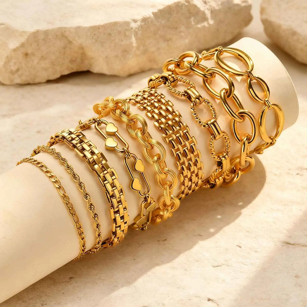 18K Gold Plated Stainless Steel Link Chain Bracelet for Women – Stackable Waterproof Bangle
