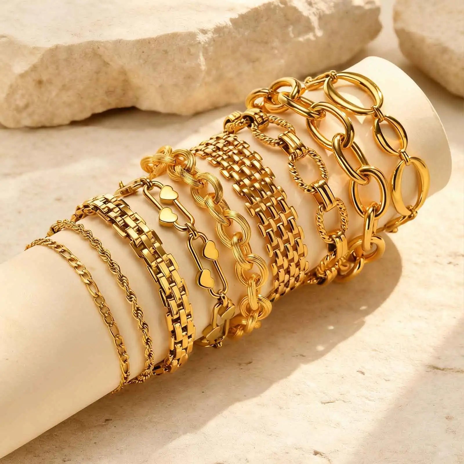 18K Gold Plated Stainless Steel Link Chain Bracelet for Women – Stackable Waterproof Bangle