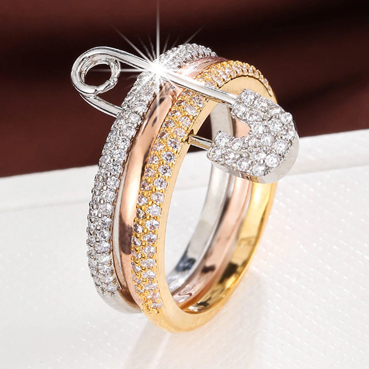 14K Gold Plated CZ Stackable Ring | 3-Layer Pave Setting | Multicolor & Silver | Women's Party Jewelry