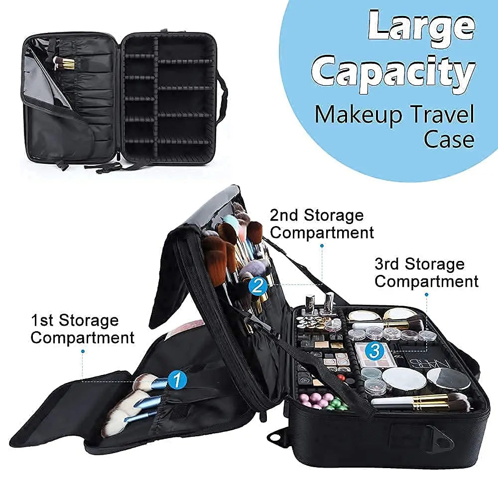 Large capacity travel makeup case, portable artist organizer with adjustable dividers and shoulder strap for toiletries jewelry Nanasbeautyholic