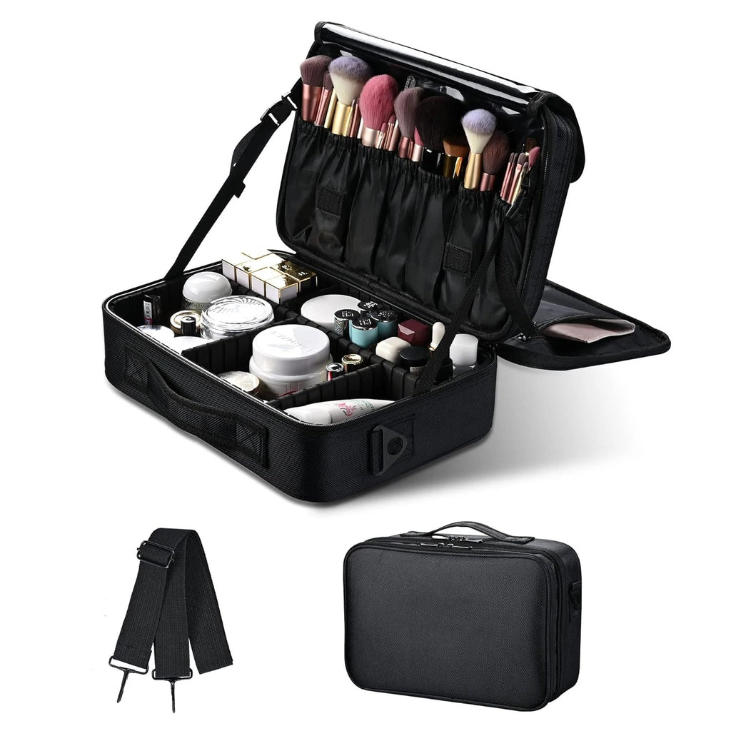 Large capacity travel makeup case, portable artist organizer with adjustable dividers and shoulder strap for toiletries jewelry Nanasbeautyholic