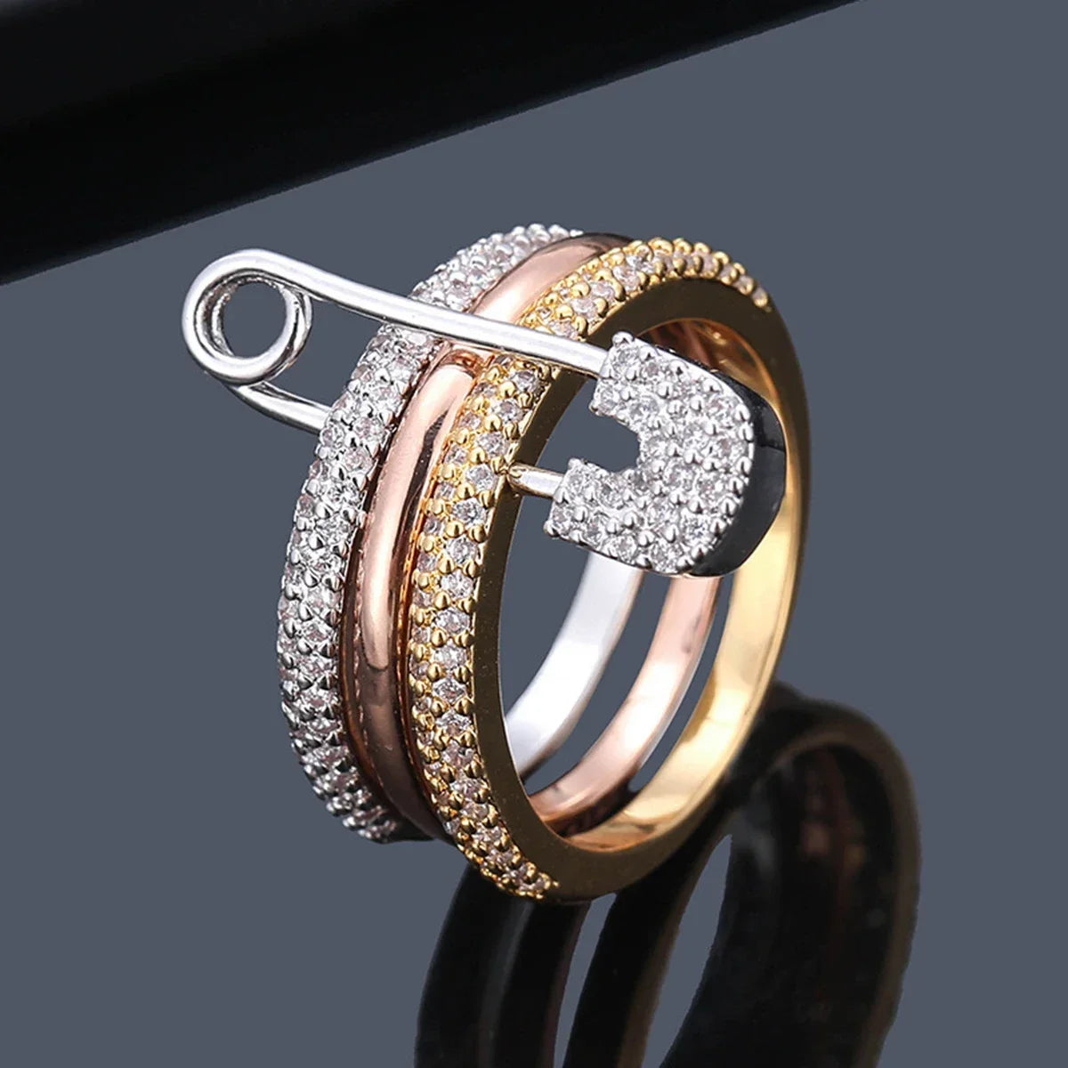 14K Gold Plated CZ Stackable Ring | 3-Layer Pave Setting | Multicolor & Silver | Women's Party Jewelry