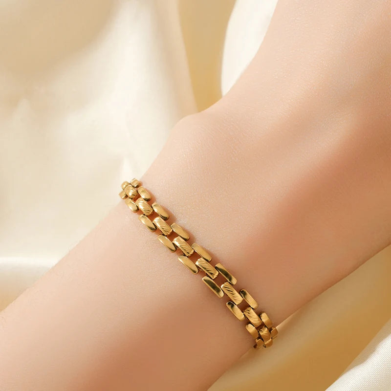 Stainless Steel Beaded Charm Bracelet for Women – 18K Gold Plated Link Chain