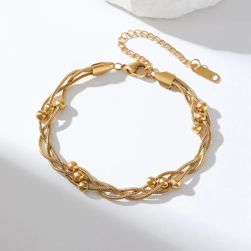 Stainless Steel Beaded Charm Bracelet for Women – 18K Gold Plated Link Chain