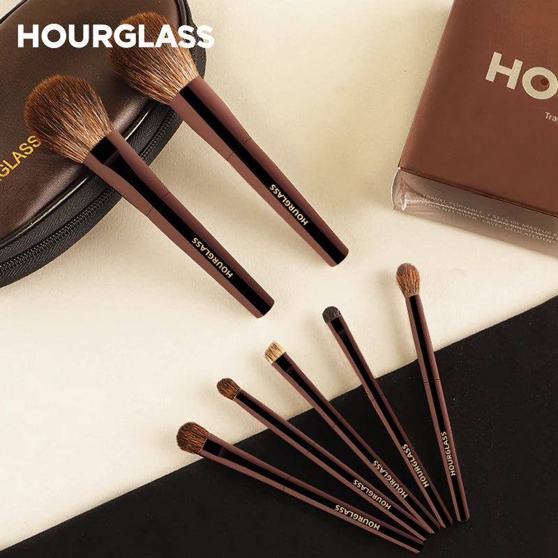 Hourglass Makeup Brush Set Mini Portable 7 Pcs, High Quality Soft Animal Hair Brush Include Eyeshadow,Blush,Powder Brush Nanasbeautyholic