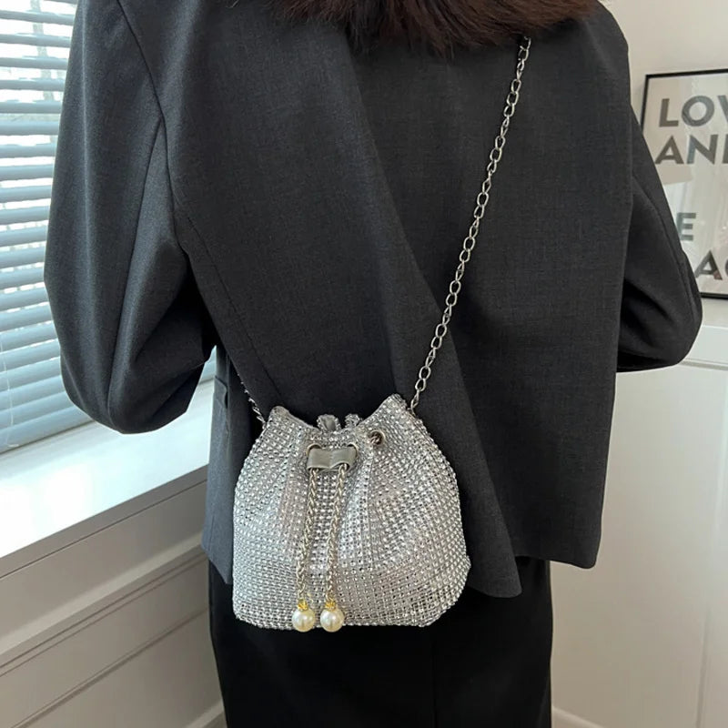 Rhinestone Drawstring Bucket Bag – Sparkling Crossbody Purse for Women