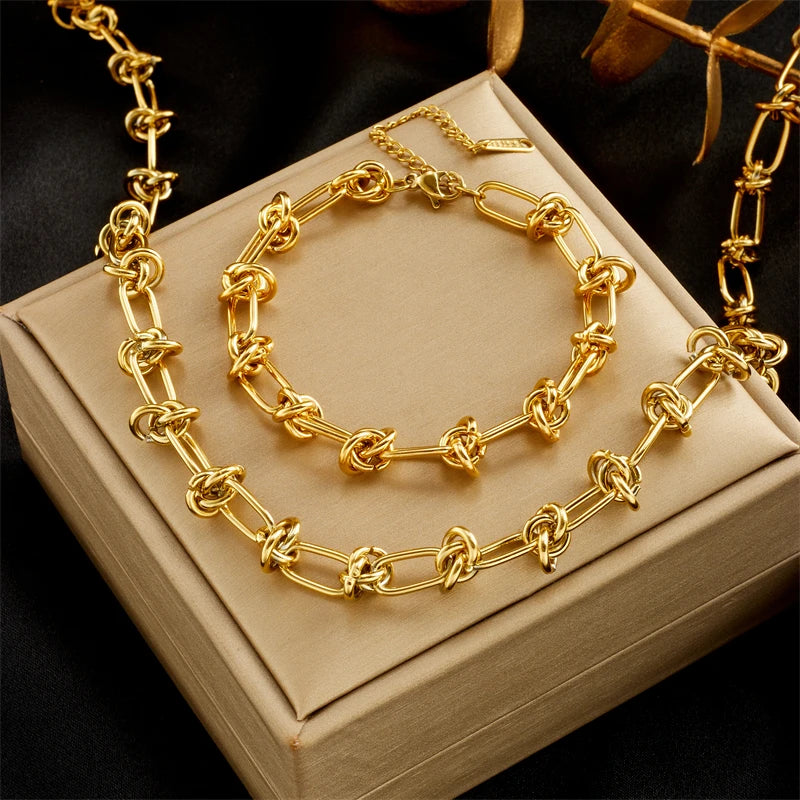 Twist Knot Necklace & Bracelet Set – 316L Stainless Steel, Gold & Silver