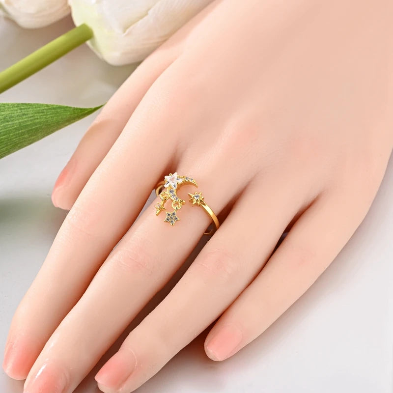 925 Sterling Silver Heart Star Moon Ring | Sparkling Zircon | Gold Chain Design | Women's Fine Jewelry Gift