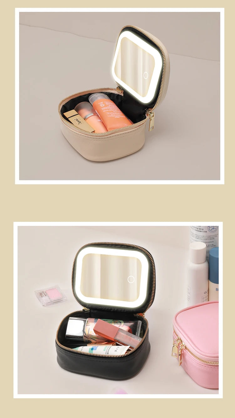 Rechargeable Travel Makeup Bag With LED Mirror, Compact Touch Screen Tabletop Cosmetic Mirror, 3 Colors Light Nanasbeautyholic