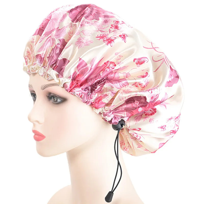 Women Double Layer Waterproof Shower Cap Floral Print Adjustable Double-Layer Elastic Hair Cap Bathing Accessory Nanasbeautyholic