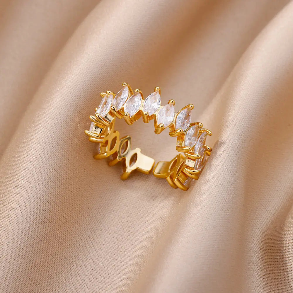 18K Gold Plated Zircon Flower & Leaf Ring | Adjustable Stainless Steel | Women's Aesthetic Wedding Band