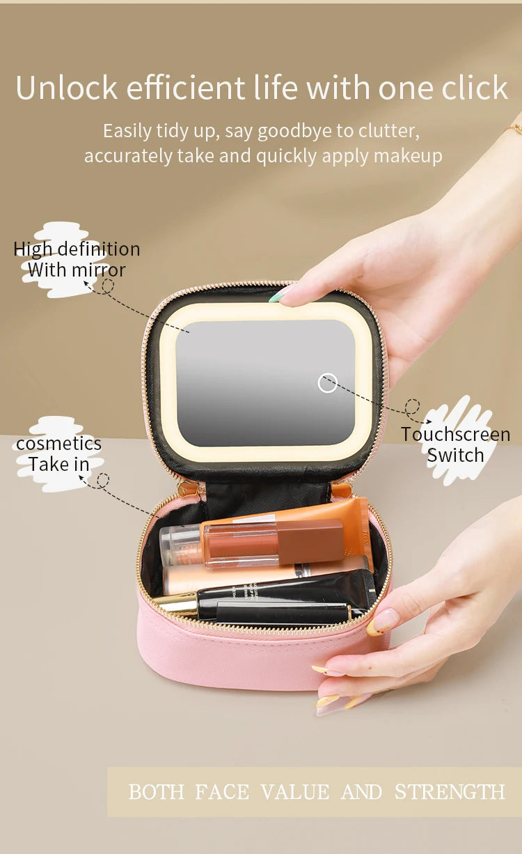 Rechargeable Travel Makeup Bag With LED Mirror, Compact Touch Screen Tabletop Cosmetic Mirror, 3 Colors Light Nanasbeautyholic