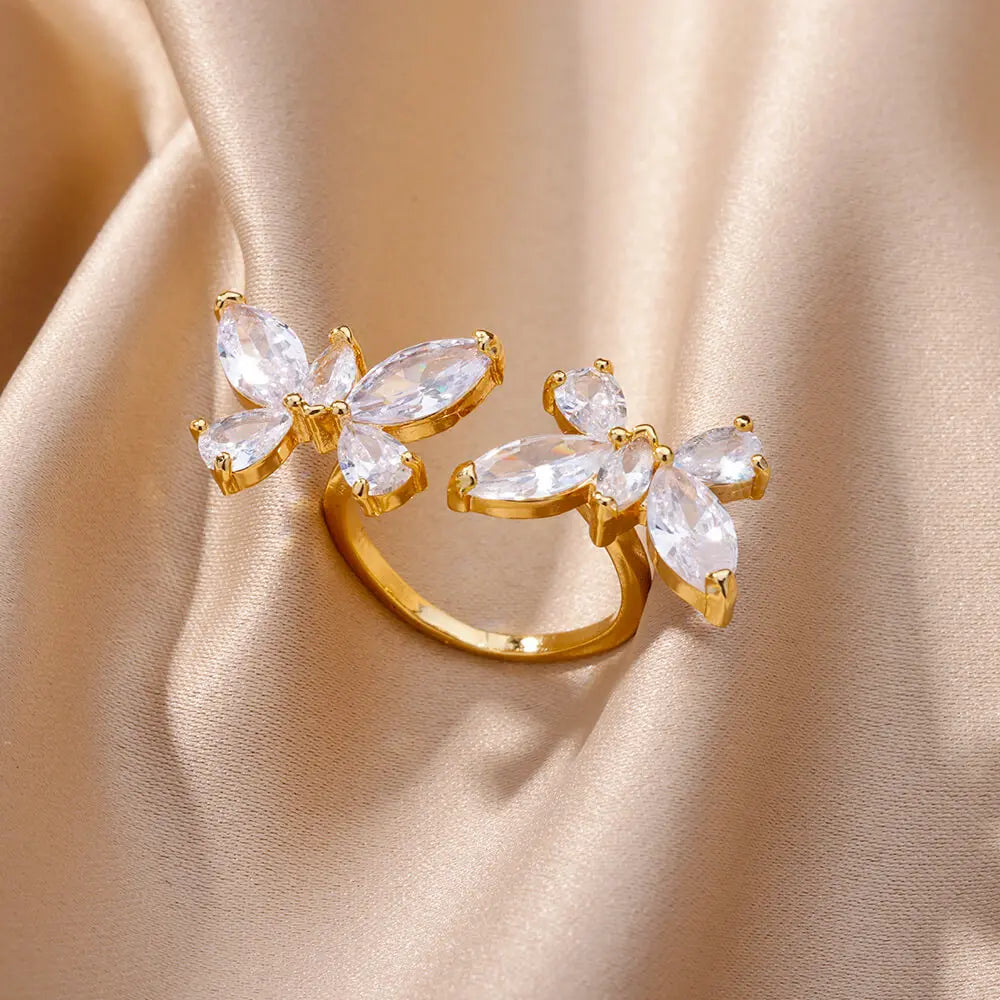 18K Gold Plated Zircon Flower & Leaf Ring | Adjustable Stainless Steel | Women's Aesthetic Wedding Band
