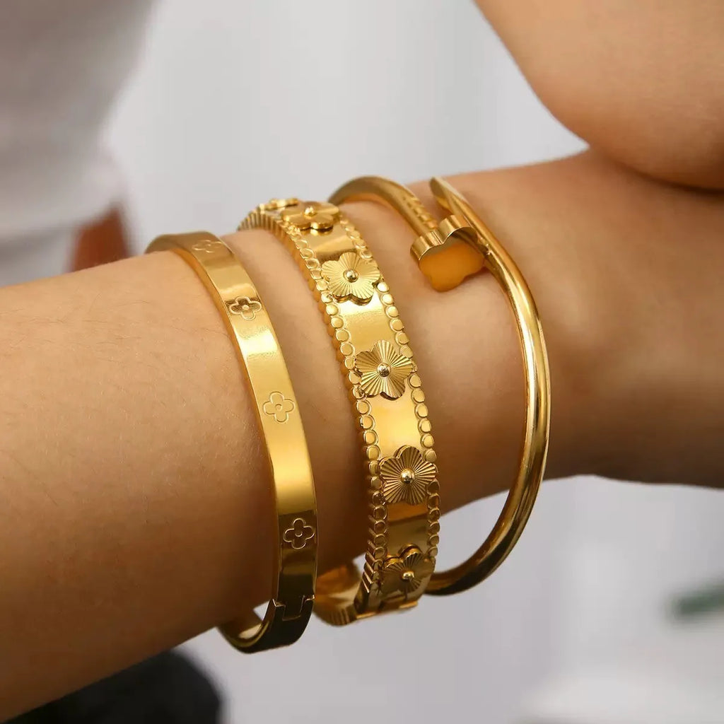 18K Gold Plated Cubic Zirconia Nail Bracelet | Stainless Steel Cuff Bangle | Flower Design | Women's Fashion Jewelry