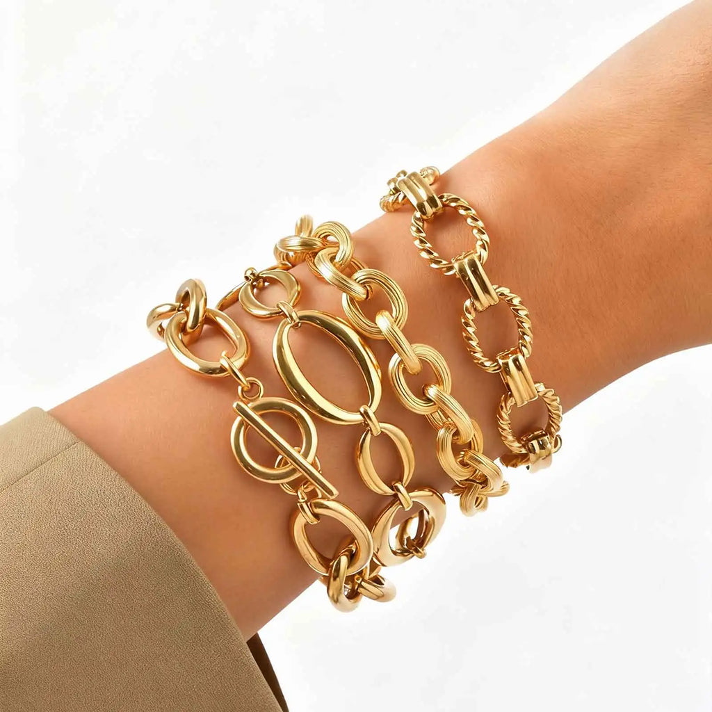 18K Gold Plated Stainless Steel Link Chain Bracelet for Women – Stackable Waterproof Bangle
