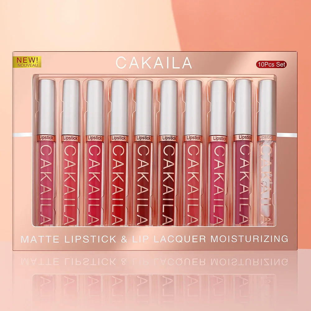 CAKAILA 10-Piece Nude Matte Lip Gloss Set – Velvet Liquid Lipstick | Waterproof & Long-Lasting