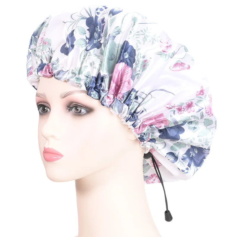 Women Double Layer Waterproof Shower Cap Floral Print Adjustable Double-Layer Elastic Hair Cap Bathing Accessory Nanasbeautyholic