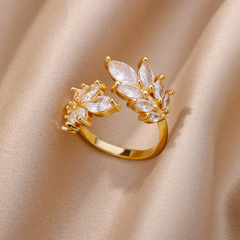 18K Gold Plated Zircon Flower & Leaf Ring | Adjustable Stainless Steel | Women's Aesthetic Wedding Band
