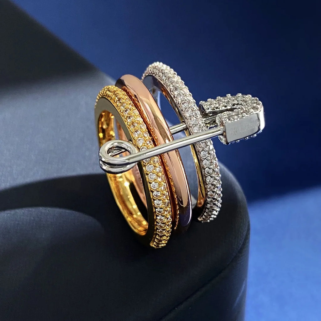 14K Gold Plated CZ Stackable Ring | 3-Layer Pave Setting | Multicolor & Silver | Women's Party Jewelry