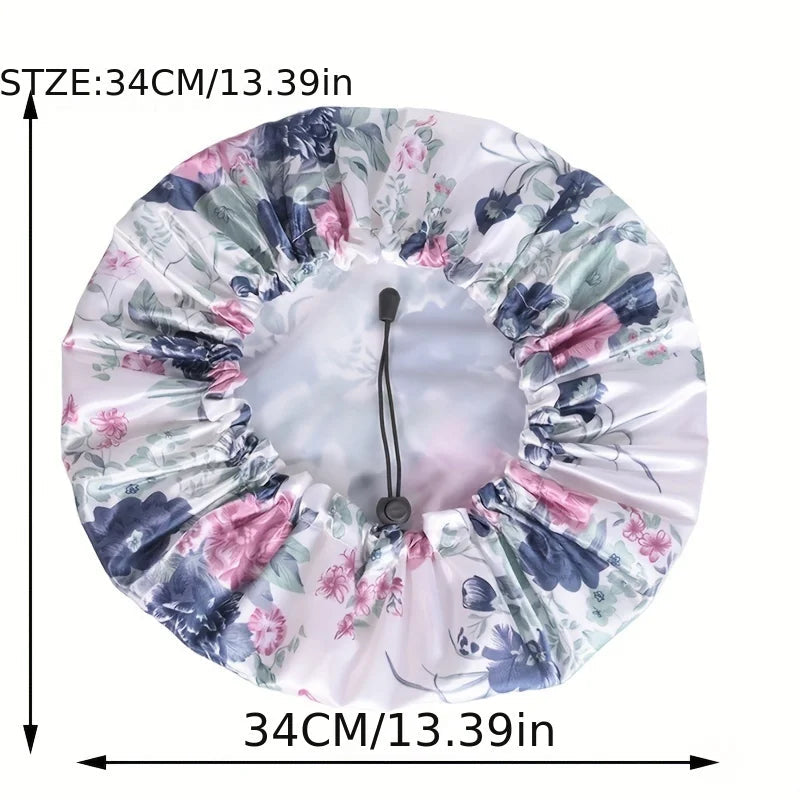 Women Double Layer Waterproof Shower Cap Floral Print Adjustable Double-Layer Elastic Hair Cap Bathing Accessory Nanasbeautyholic