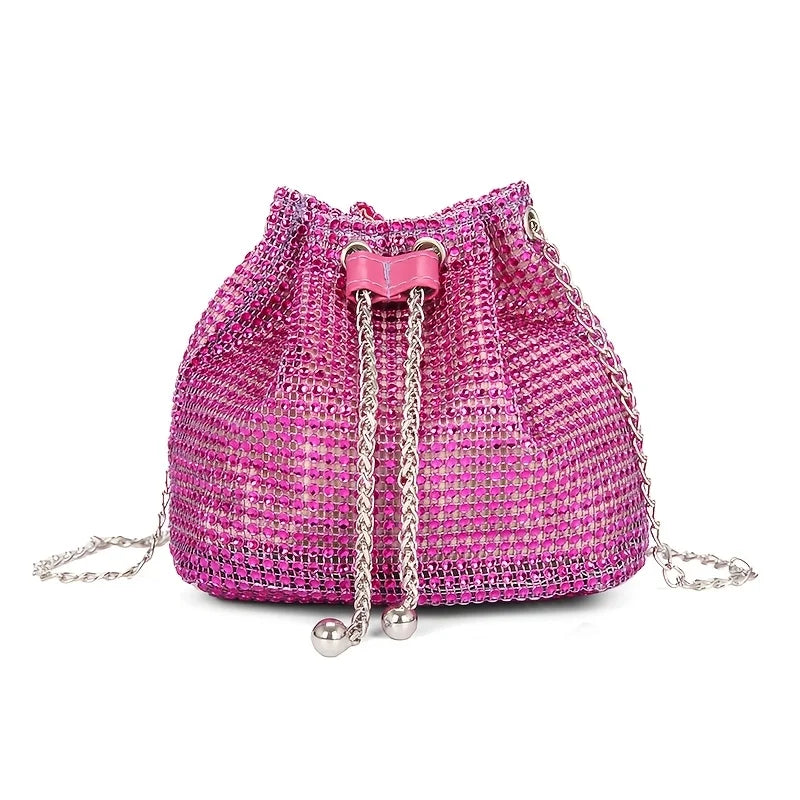 Rhinestone Drawstring Bucket Bag – Sparkling Crossbody Purse for Women