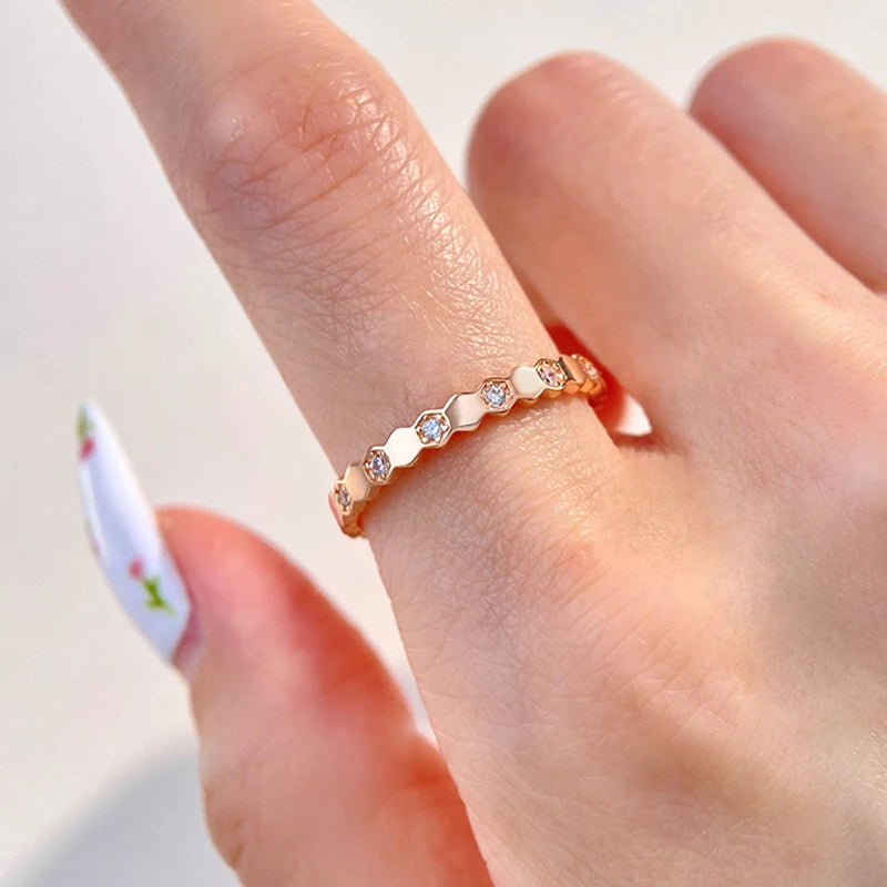 925 Sterling Silver Zircon Hexagon Ring | Gold, Silver & Rose Gold | Sizes 6–10 | Women's Fine Jewelry