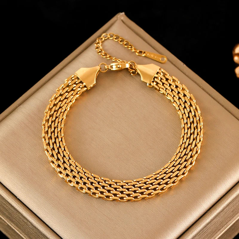 Stainless Steel Beaded Charm Bracelet for Women – 18K Gold Plated Link Chain