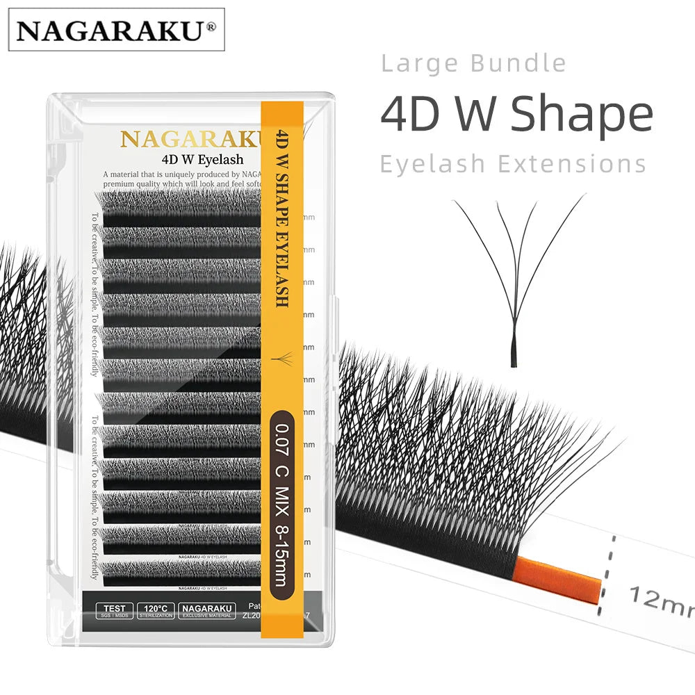 NAGARAKU W Shape Bloom Premade Fans | 3D 4D 5D Double Tips | C/D Curl | 8–15mm