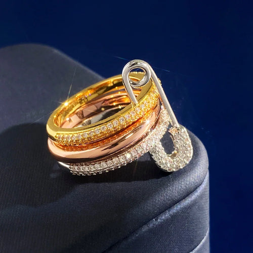 14K Gold Plated CZ Stackable Ring | 3-Layer Pave Setting | Multicolor & Silver | Women's Party Jewelry