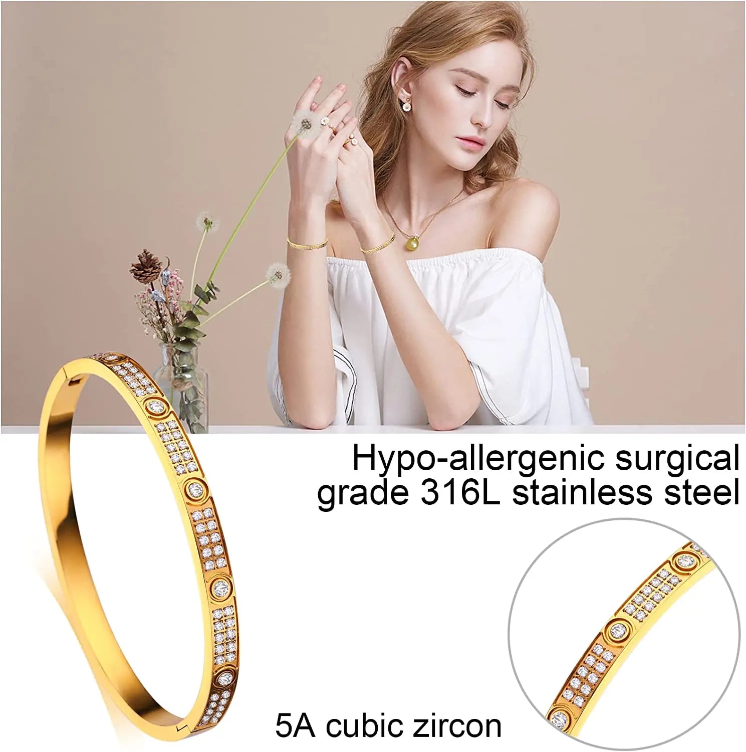 Zircon Cross Screw Nail Bangle | Stainless Steel | Gold, Rose Gold & Silver | Unisex Statement Bracelet