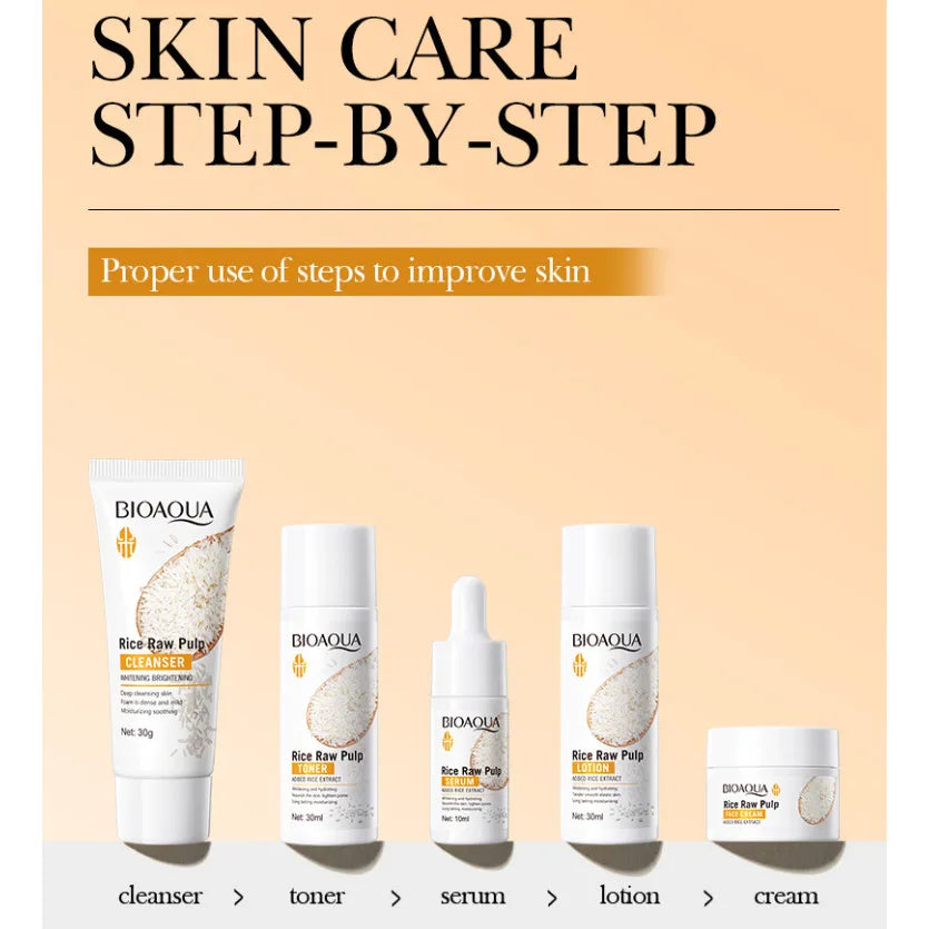 5pcs BIOAOUA Rice Raw Whitening Set Brighten Hydrating Moisturize Soothing Facial Cleanser+toner+essence+lotion+cream Skincare Nanasbeautyholic