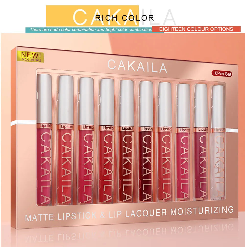 CAKAILA 10-Piece Nude Matte Lip Gloss Set – Velvet Liquid Lipstick | Waterproof & Long-Lasting