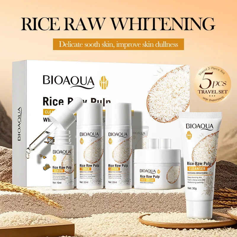 5pcs BIOAOUA Rice Raw Whitening Set Brighten Hydrating Moisturize Soothing Facial Cleanser+toner+essence+lotion+cream Skincare Nanasbeautyholic