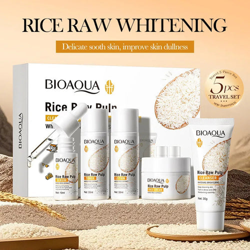 5pcs BIOAOUA Rice Raw Whitening Set Brighten Hydrating Moisturize Soothing Facial Cleanser+toner+essence+lotion+cream Skincare Nanasbeautyholic