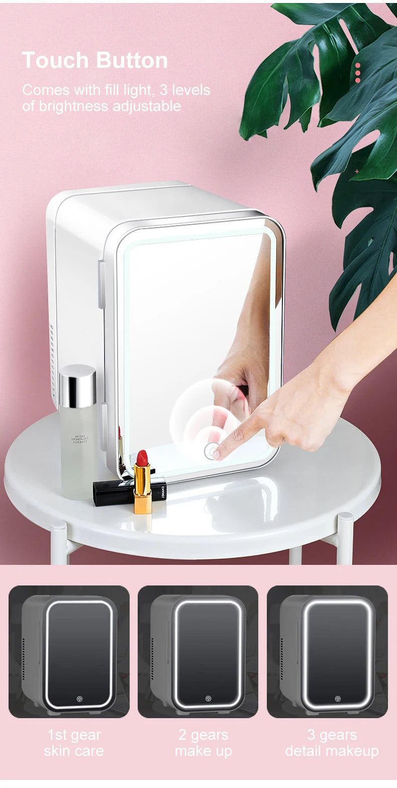 Mini Makeup Fridge WIth LED Light Mirror Portable Cosmetic Storage