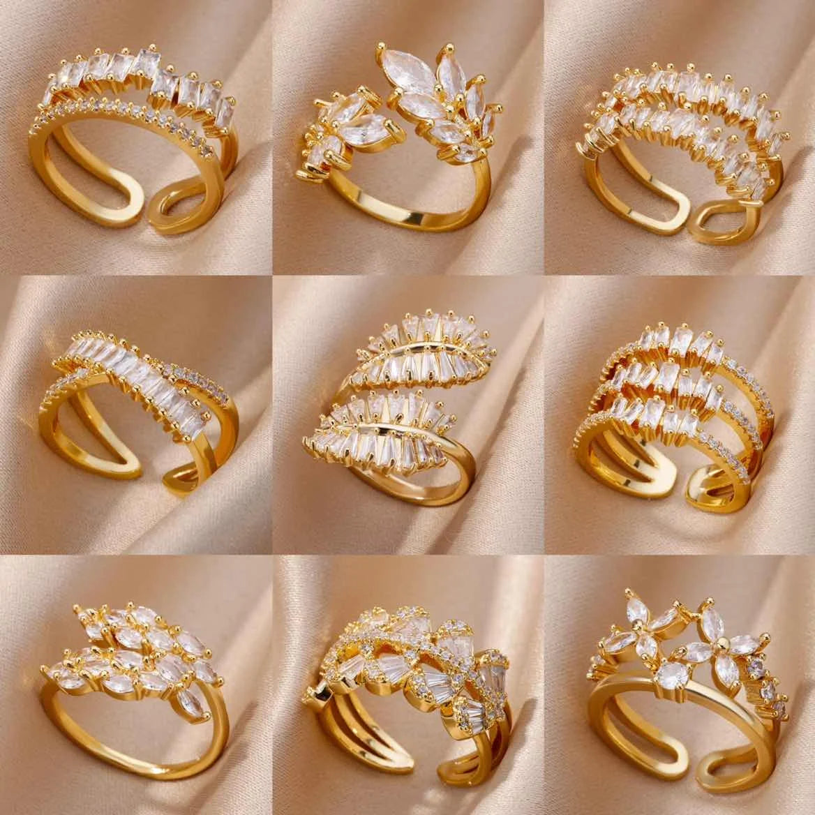 18K Gold Plated Zircon Flower & Leaf Ring | Adjustable Stainless Steel | Women's Aesthetic Wedding Band