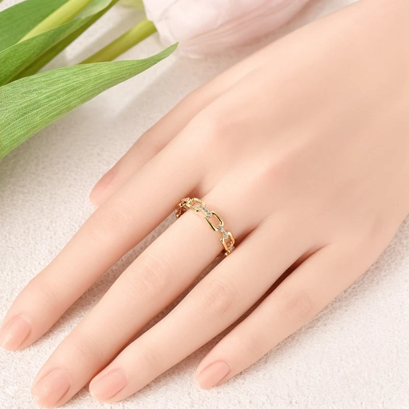 925 Sterling Silver Heart Star Moon Ring | Sparkling Zircon | Gold Chain Design | Women's Fine Jewelry Gift