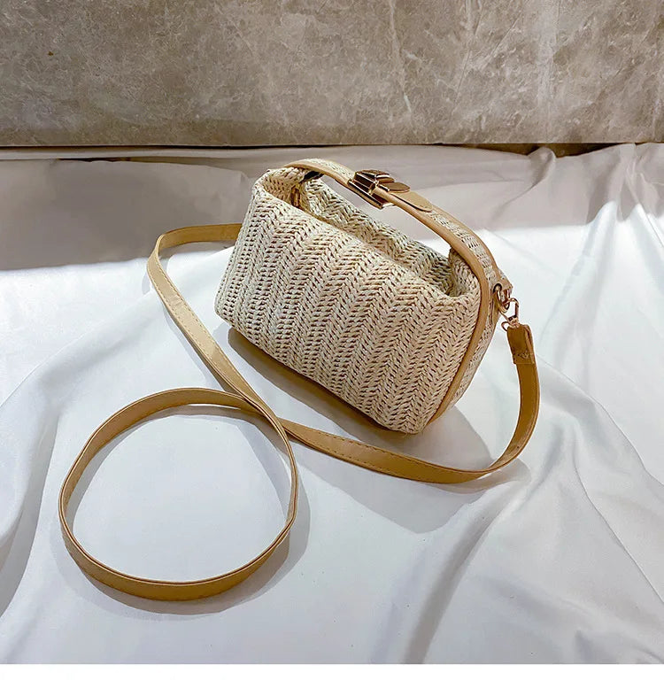 HOMEFISH Summer Small Straw Handbag Trendy Shoulder Bag Woven Bucket Crossbody Bag Casual Seaside Beach Bag Gilrs Handle Tote Nanasbeautyholic