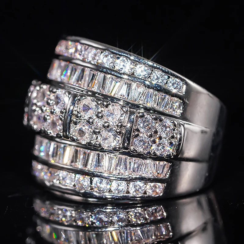 Cubic Zirconia Cocktail Ring for Women | Geometric Wide Band | Prong Setting | Trendy Party & Wedding Jewelry