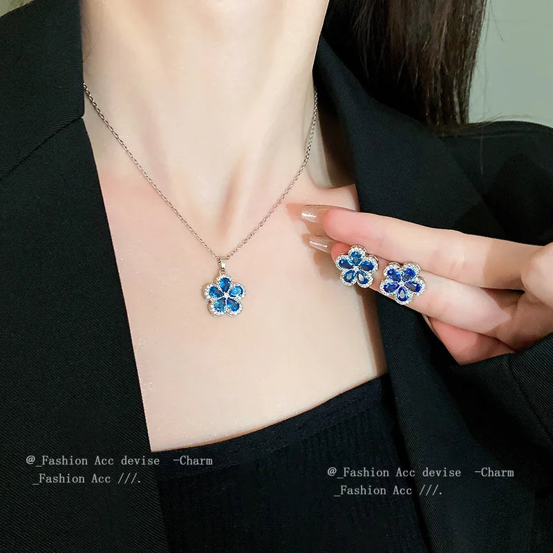 S925 Silver Needle Zircon Flower Jewelry | Earrings, Necklace & Blue Crystal Set | Luxury Banquet Style