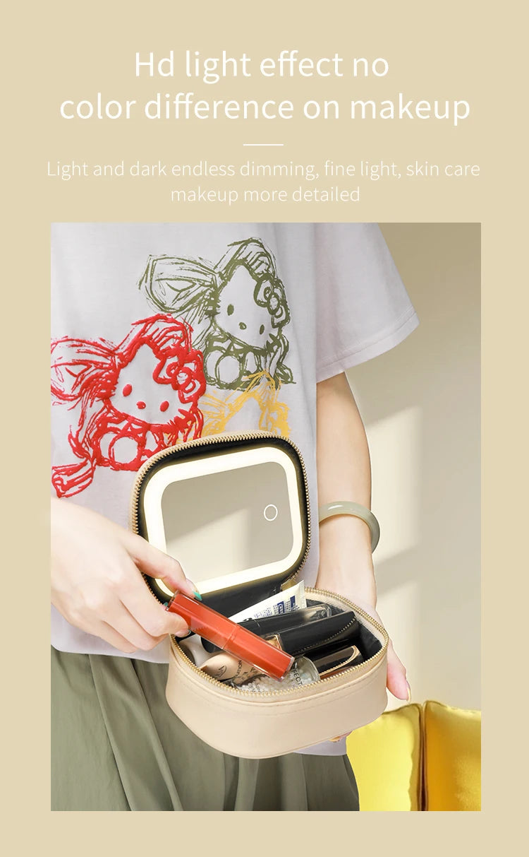 Rechargeable Travel Makeup Bag With LED Mirror, Compact Touch Screen Tabletop Cosmetic Mirror, 3 Colors Light Nanasbeautyholic