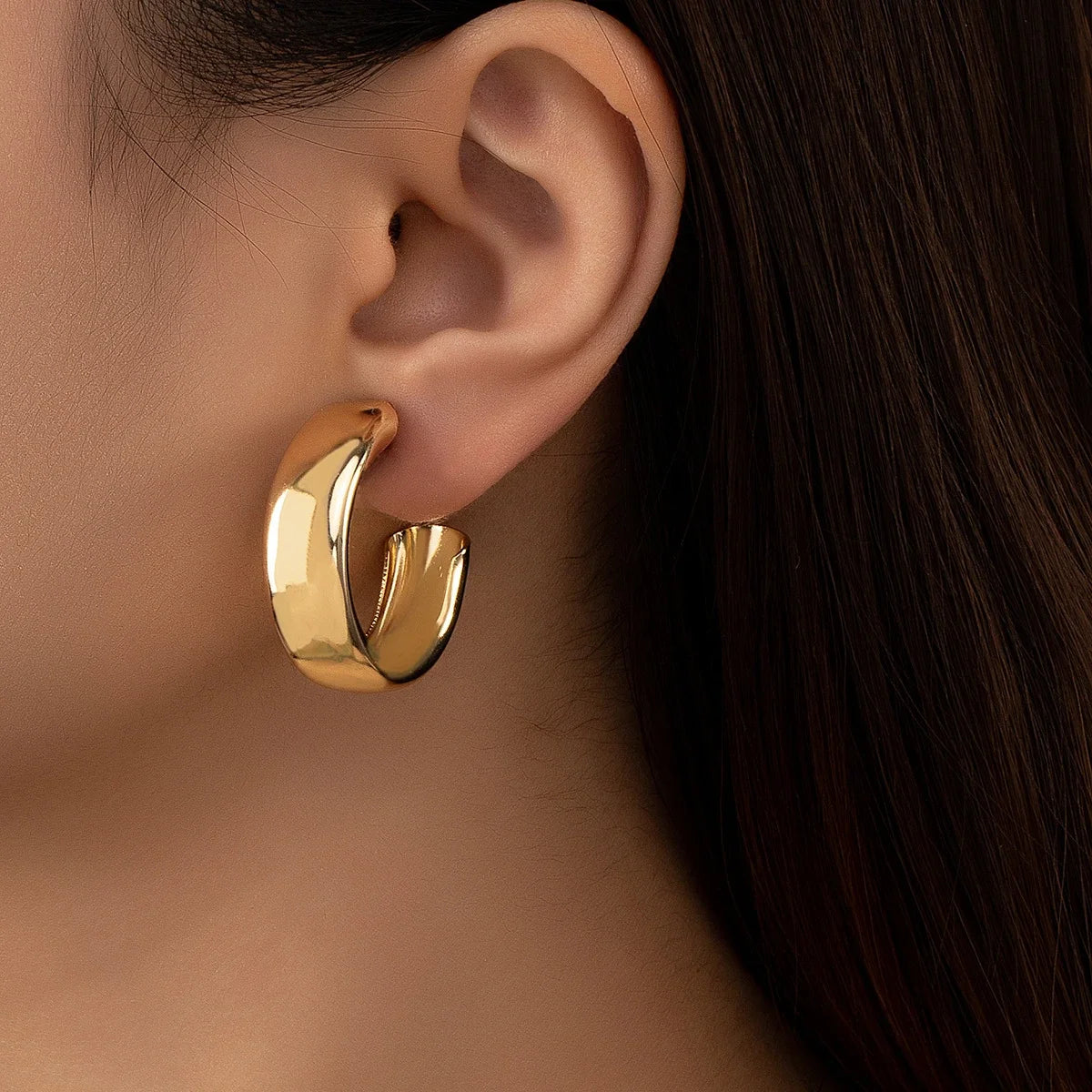 Chunky Hoop Earrings for Women | Gold & Silver Stainless Steel | Minimalist C-Shape Drop Earrings