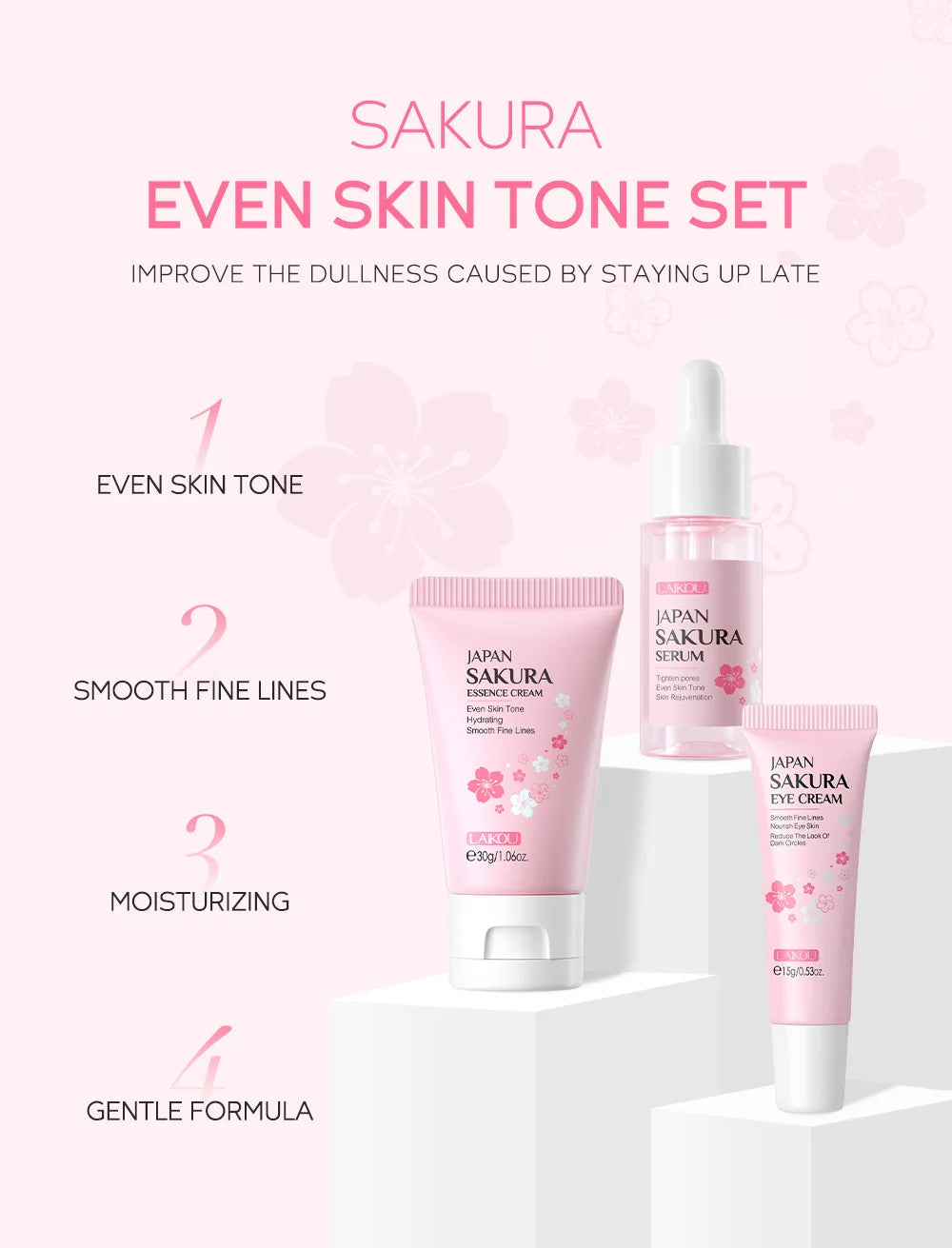 3pcs/set LAIKOU Skin Care Set Vitamin C Sakura Snail Essence Serum & Eye Cream & Face Cream Moisturizer Travel Size Skincare Set Nanasbeautyholic