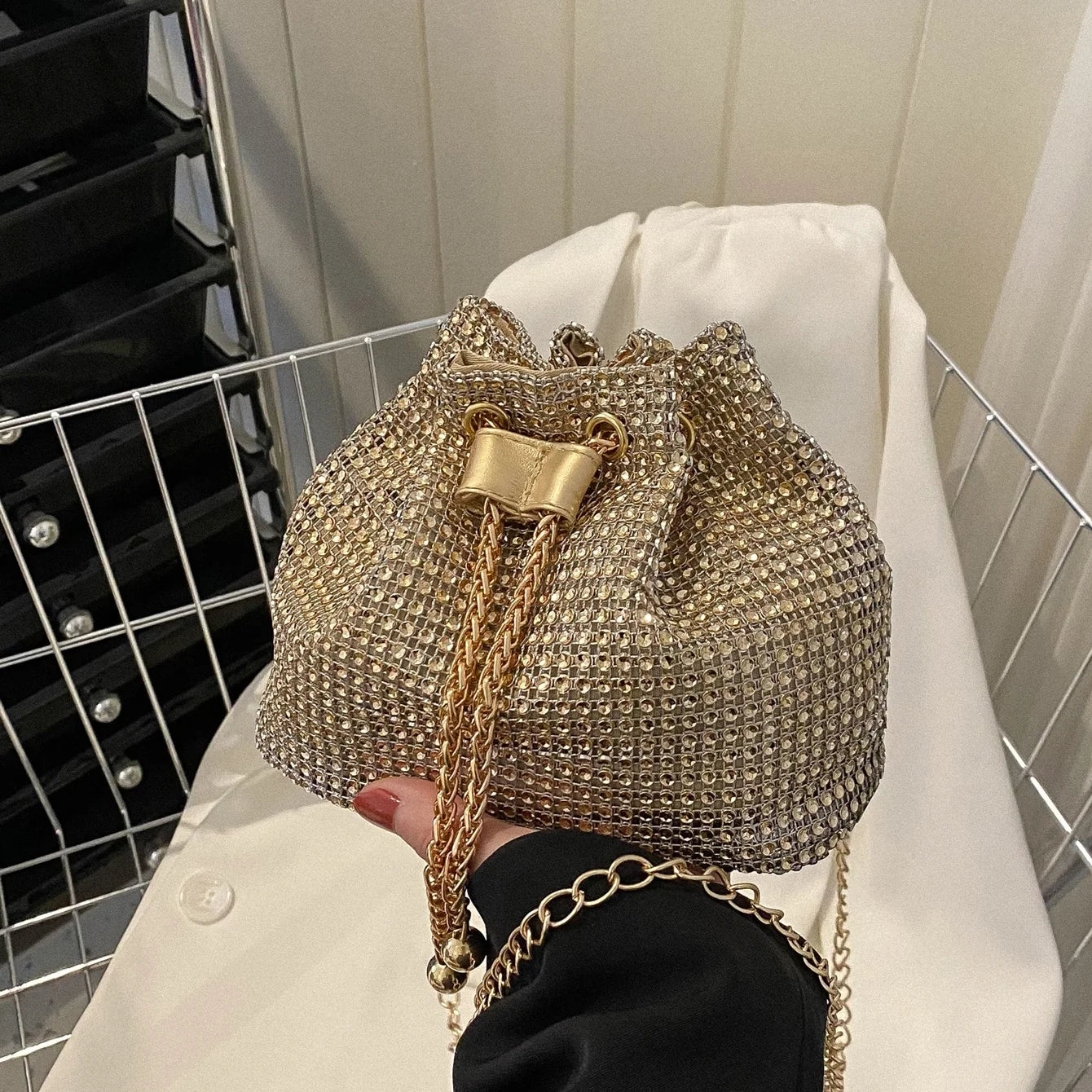 Rhinestone Drawstring Bucket Bag – Sparkling Crossbody Purse for Women