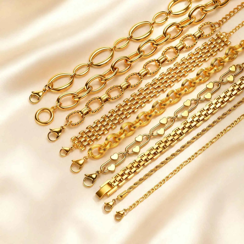 18K Gold Plated Stainless Steel Link Chain Bracelet for Women – Stackable Waterproof Bangle