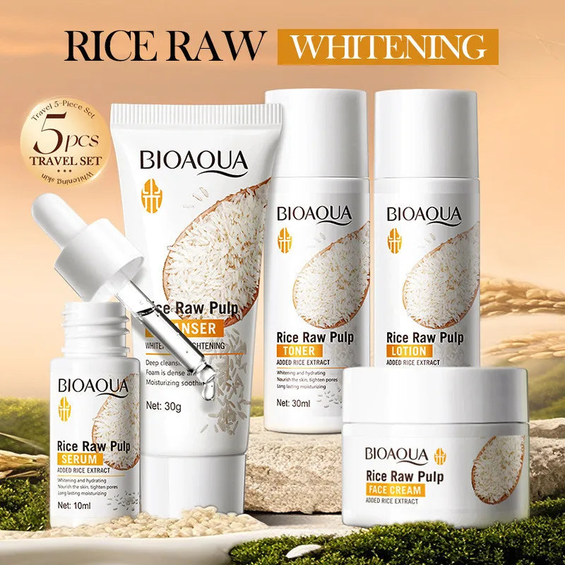 5pcs BIOAOUA Rice Raw Whitening Set Brighten Hydrating Moisturize Soothing Facial Cleanser+toner+essence+lotion+cream Skincare Nanasbeautyholic
