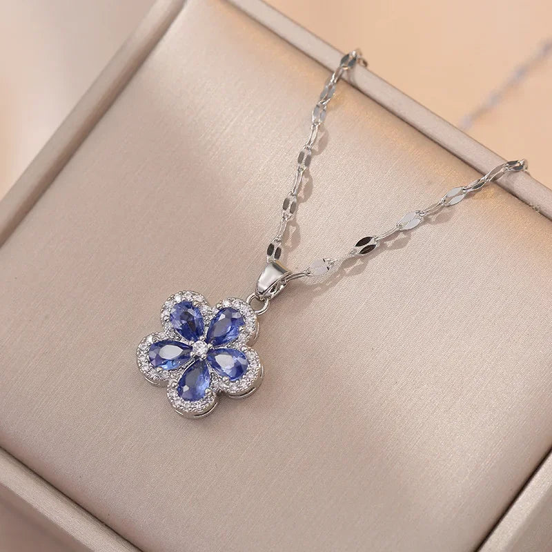 S925 Silver Needle Zircon Flower Jewelry | Earrings, Necklace & Blue Crystal Set | Luxury Banquet Style
