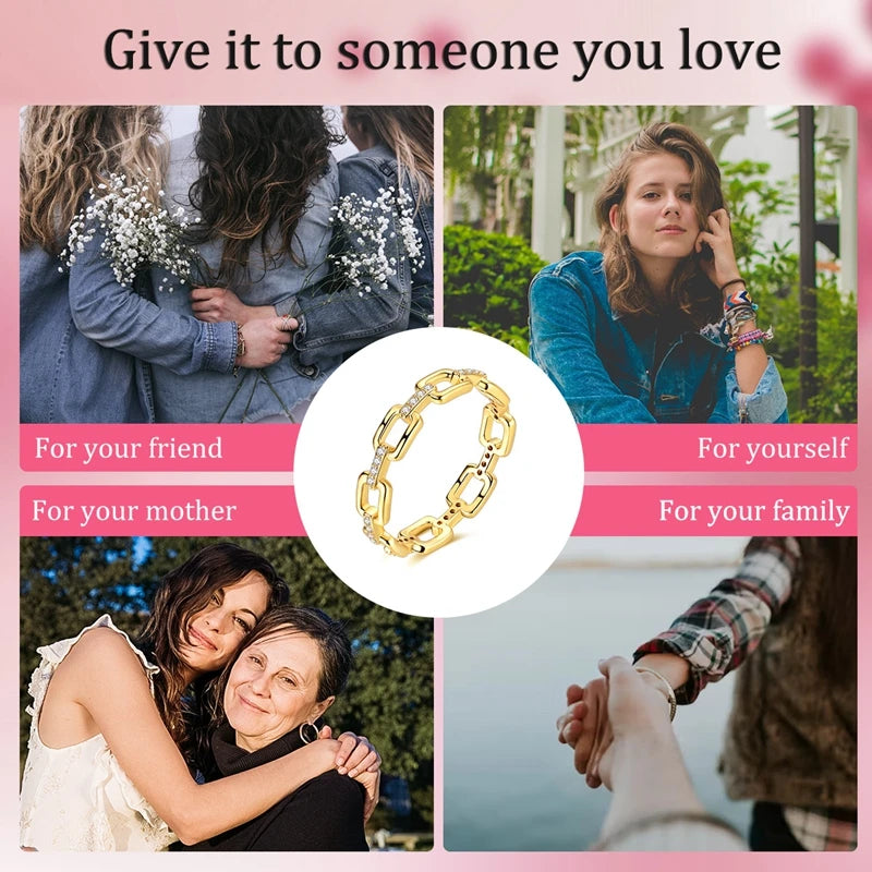 925 Sterling Silver Heart Star Moon Ring | Sparkling Zircon | Gold Chain Design | Women's Fine Jewelry Gift