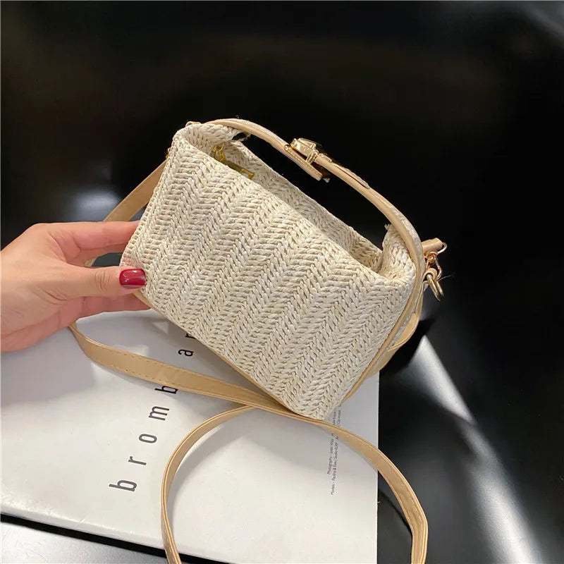 HOMEFISH Summer Small Straw Handbag Trendy Shoulder Bag Woven Bucket Crossbody Bag Casual Seaside Beach Bag Gilrs Handle Tote Nanasbeautyholic